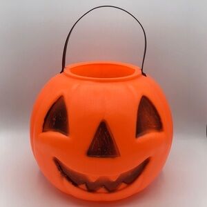 Vtg Halloween Pumpkin Bucket Blow Mold Jack O Lantern Candy Holder Basket